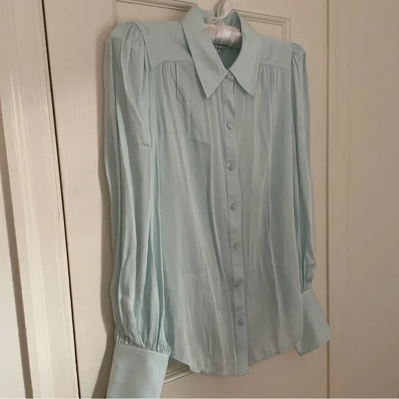 Trina Turk Puff Sleeve Silk Blend Blouse, Blue Frost, Small - Picture 3 of 9